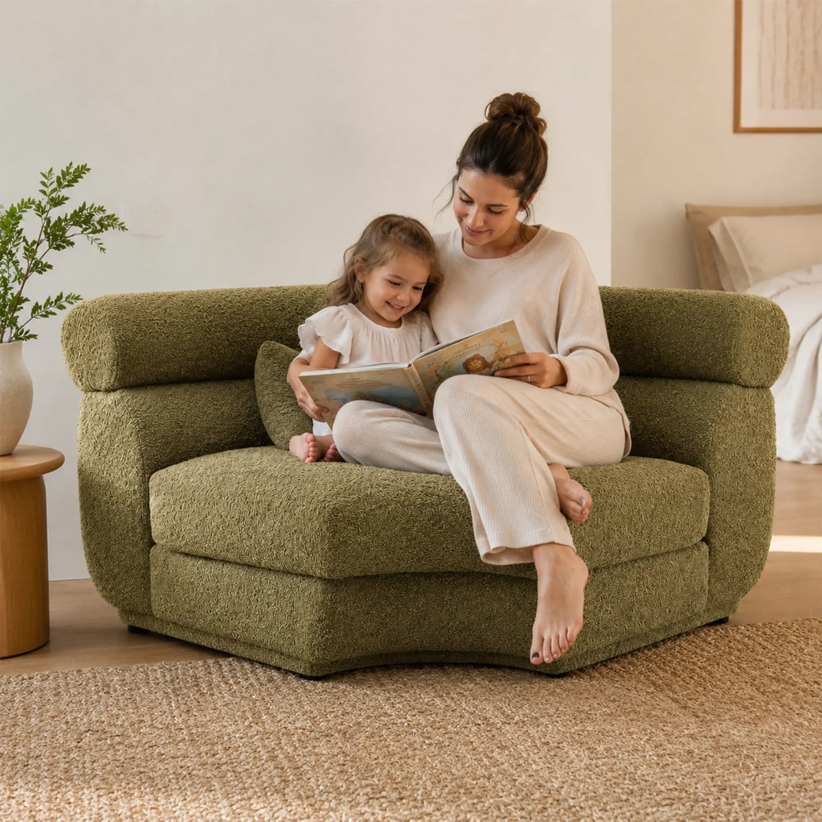 LUXORA Oversized Fan Shaped Modular Lounge Chair with Soft Textured Upholstery, High Density Foam & Curved Design, 128cm Accent Sofa - Olive Green