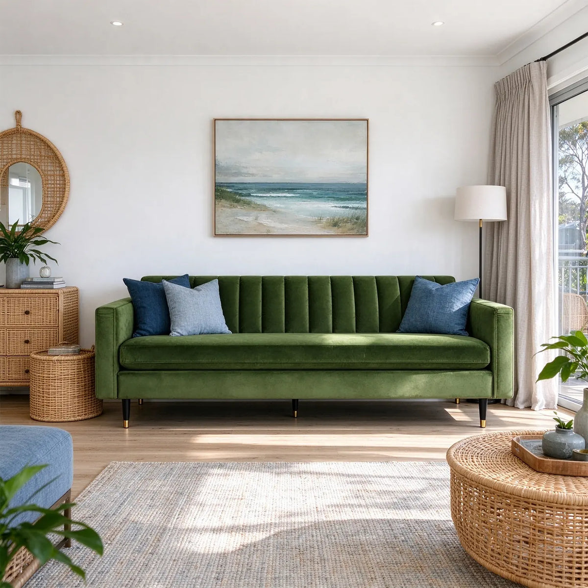 LUXORA 210cm Modern 3 Seater Sofa with Soft Velvet Upholstery, High Density Foam, Channel Tufted Backrest & Slim Raised Legs - Green