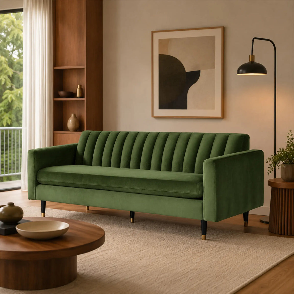 LUXORA 210cm Modern 3 Seater Sofa with Soft Velvet Upholstery, High Density Foam, Channel Tufted Backrest & Slim Raised Legs - Green