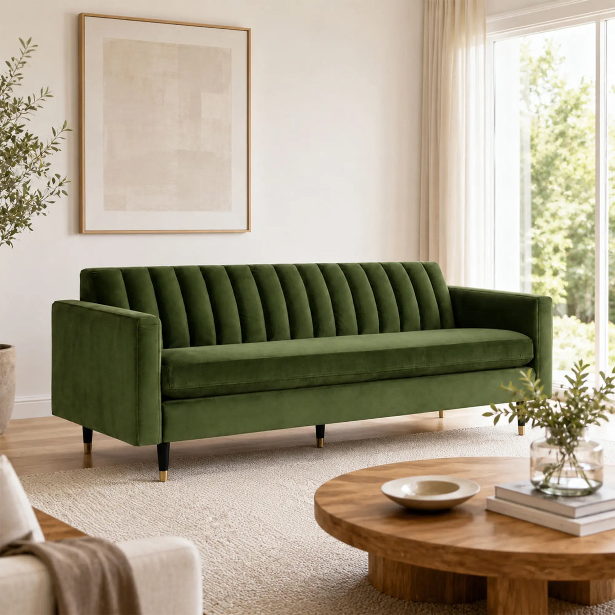 LUXORA 210cm Modern 3 Seater Sofa with Soft Velvet Upholstery, High Density Foam, Channel Tufted Backrest & Slim Raised Legs - Green