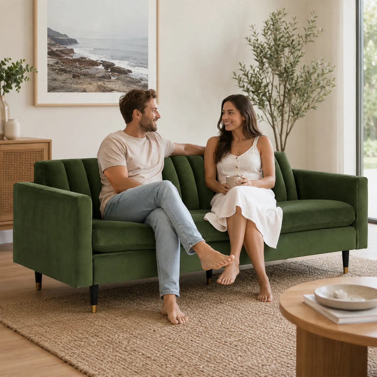 LUXORA 210cm Modern 3 Seater Sofa with Soft Velvet Upholstery, High Density Foam, Channel Tufted Backrest & Slim Raised Legs - Green