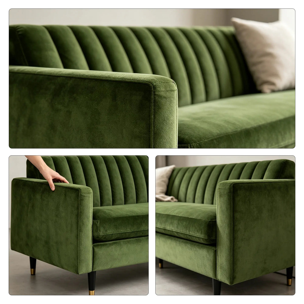 LUXORA 210cm Modern 3 Seater Sofa with Soft Velvet Upholstery, High Density Foam, Channel Tufted Backrest & Slim Raised Legs - Green