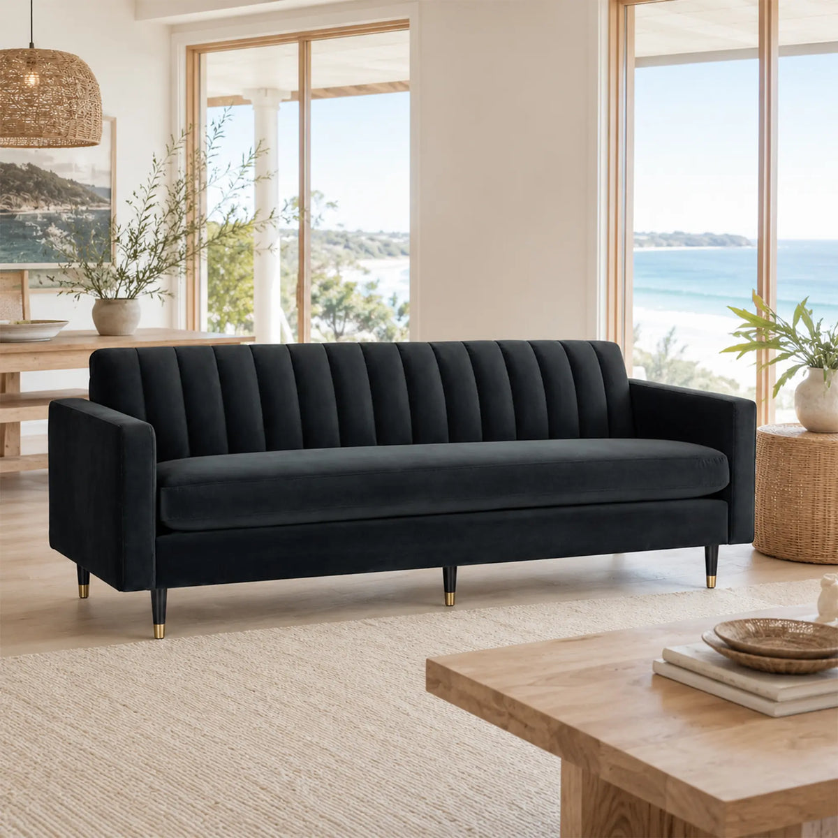LUXORA 210cm Modern 3 Seater Sofa with Soft Velvet Upholstery, High Density Foam, Channel Tufted Backrest & Slim Raised Legs - Black