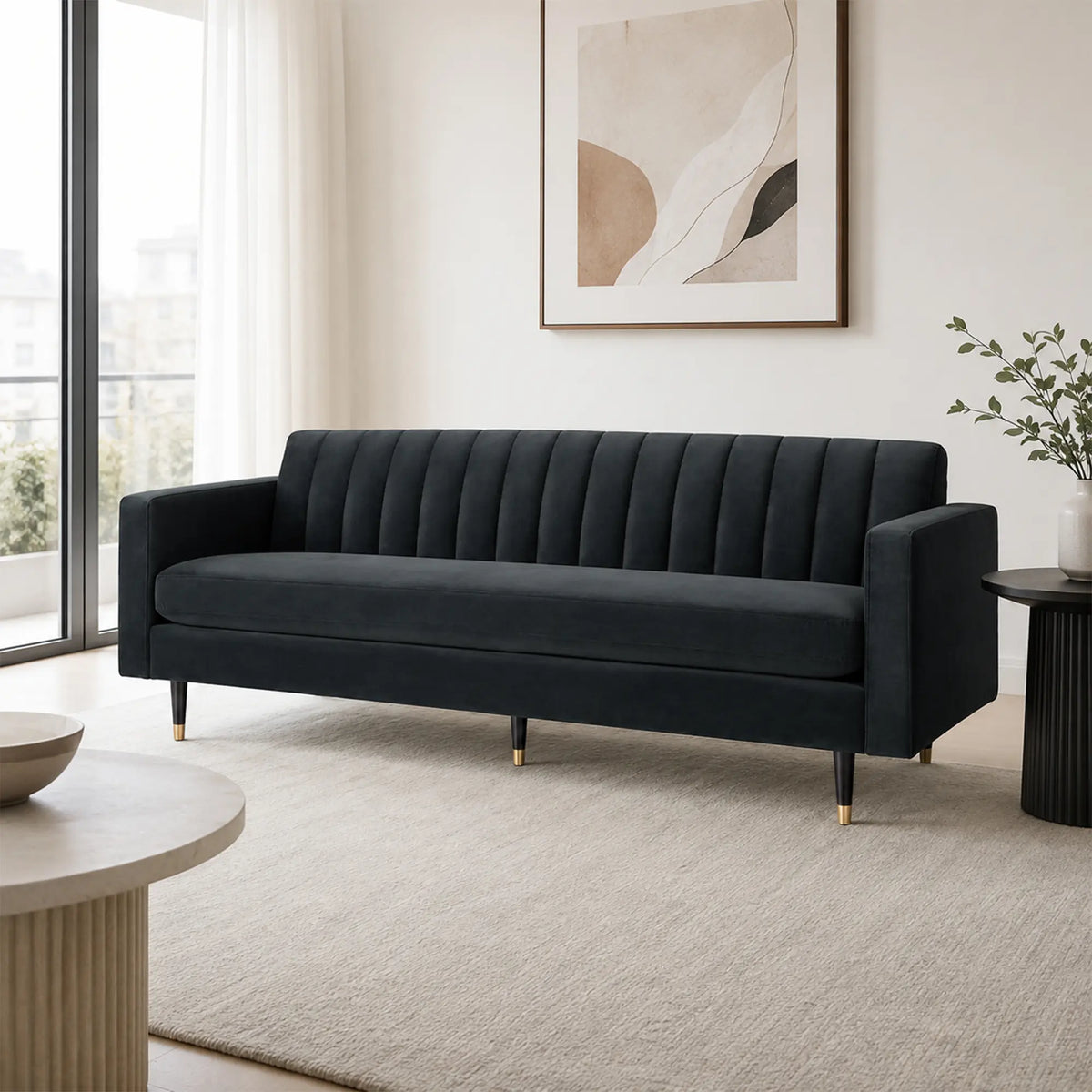 LUXORA 210cm Modern 3 Seater Sofa with Soft Velvet Upholstery, High Density Foam, Channel Tufted Backrest & Slim Raised Legs - Black