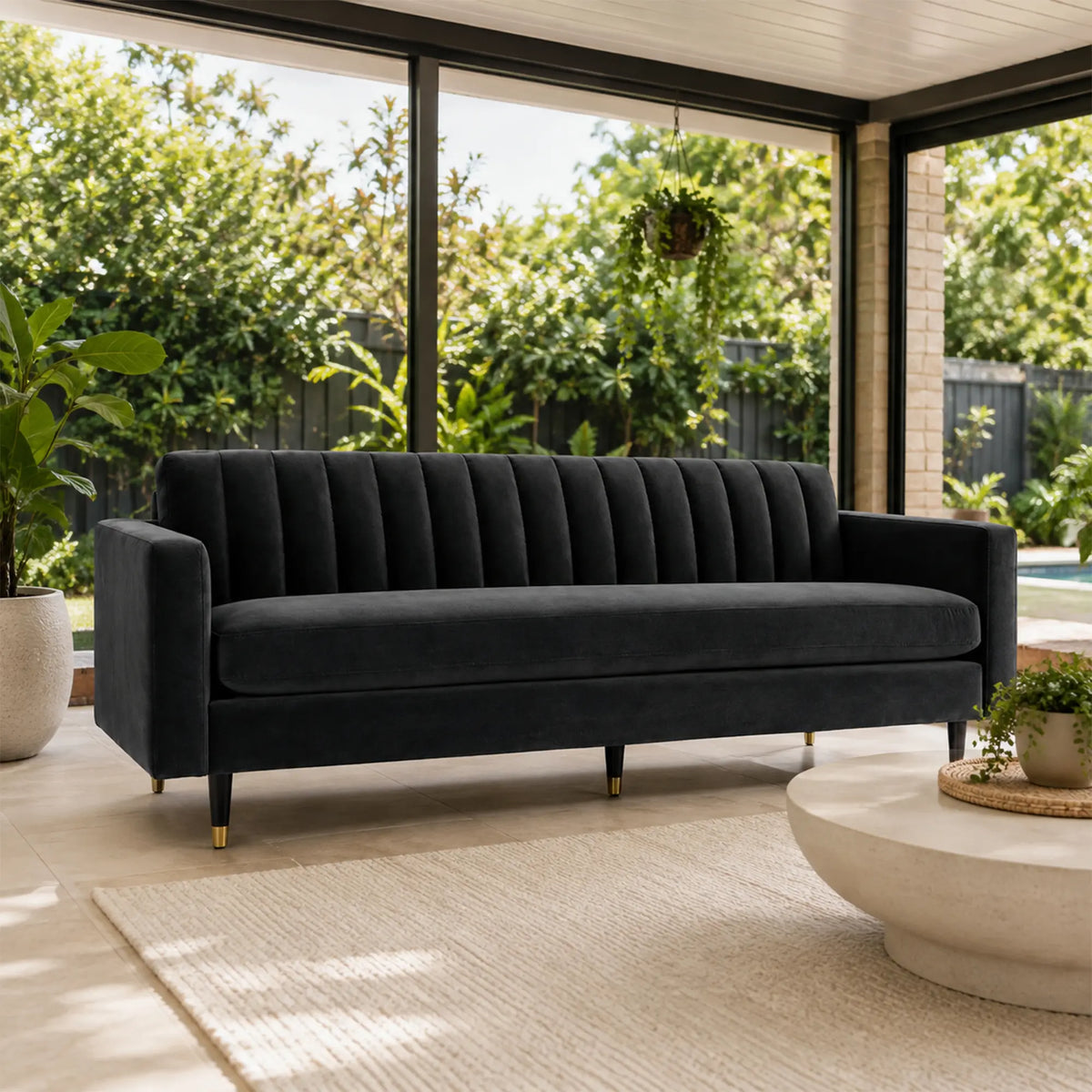 LUXORA 210cm Modern 3 Seater Sofa with Soft Velvet Upholstery, High Density Foam, Channel Tufted Backrest & Slim Raised Legs - Black