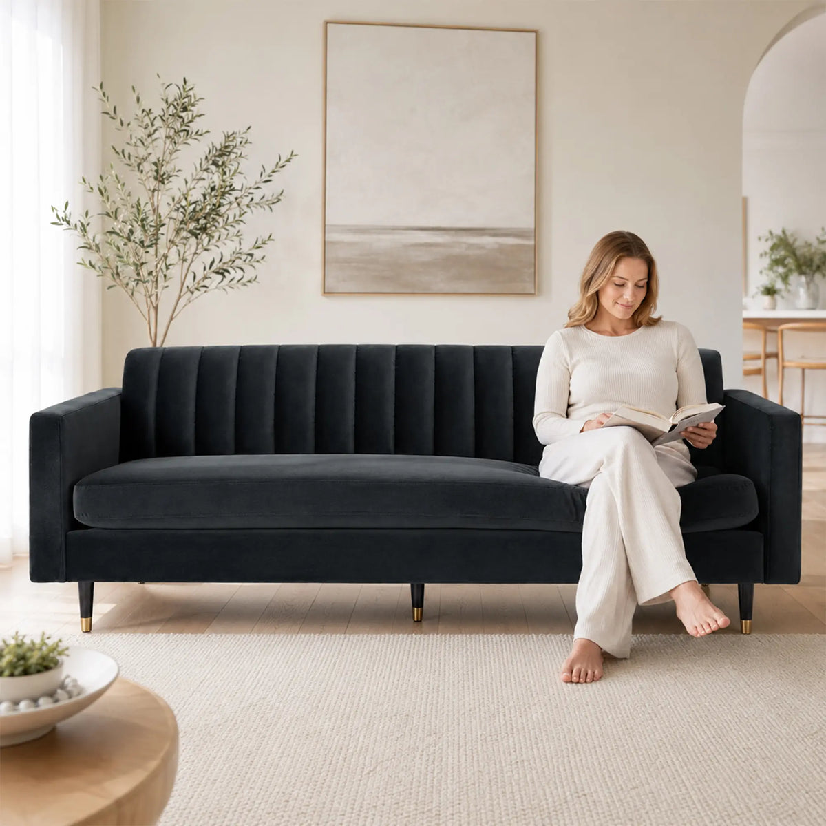LUXORA 210cm Modern 3 Seater Sofa with Soft Velvet Upholstery, High Density Foam, Channel Tufted Backrest & Slim Raised Legs - Black