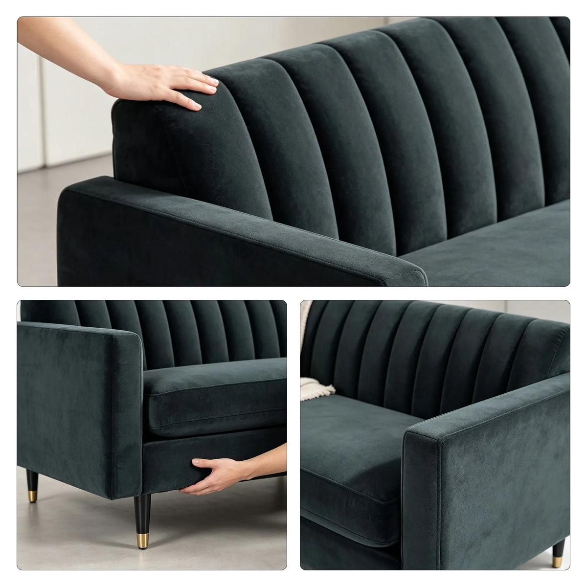 LUXORA 210cm Modern 3 Seater Sofa with Soft Velvet Upholstery, High Density Foam, Channel Tufted Backrest & Slim Raised Legs - Black