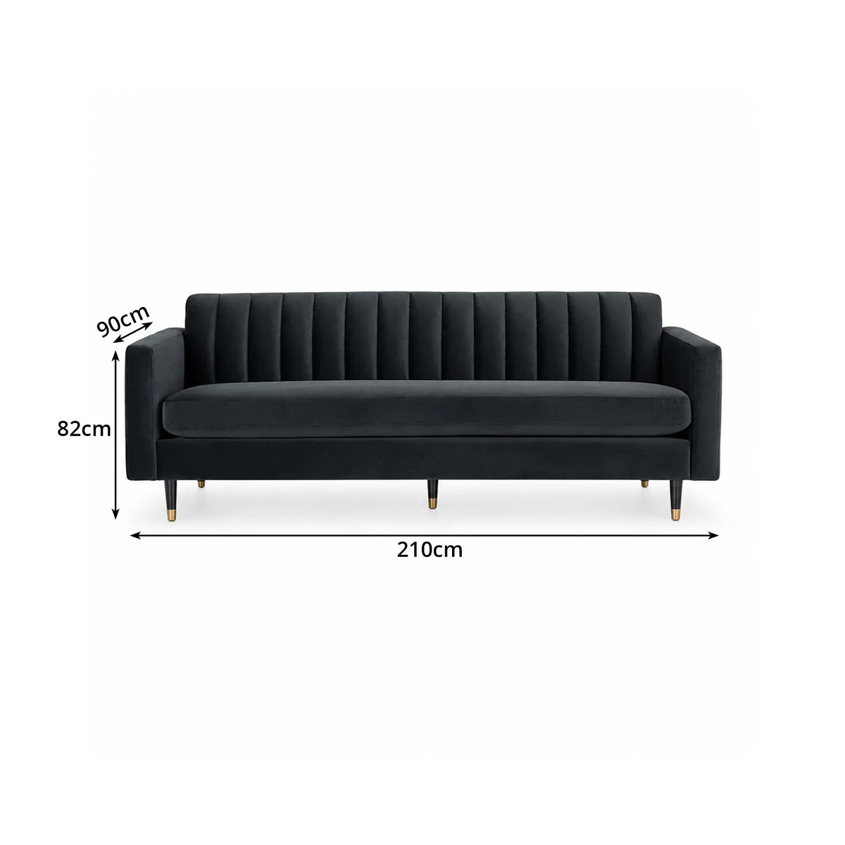 LUXORA 210cm Modern 3 Seater Sofa with Soft Velvet Upholstery, High Density Foam, Channel Tufted Backrest & Slim Raised Legs - Black