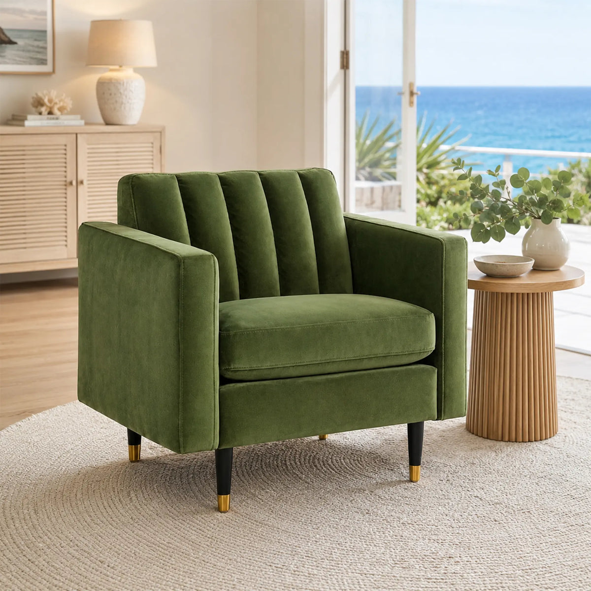 LIVARA 90cm Modern Single Seater Lounge Chair with Soft Velvet Upholstery, High Density Foam, Channel Tufted Backrest & Slim Raised Legs - Olive Green