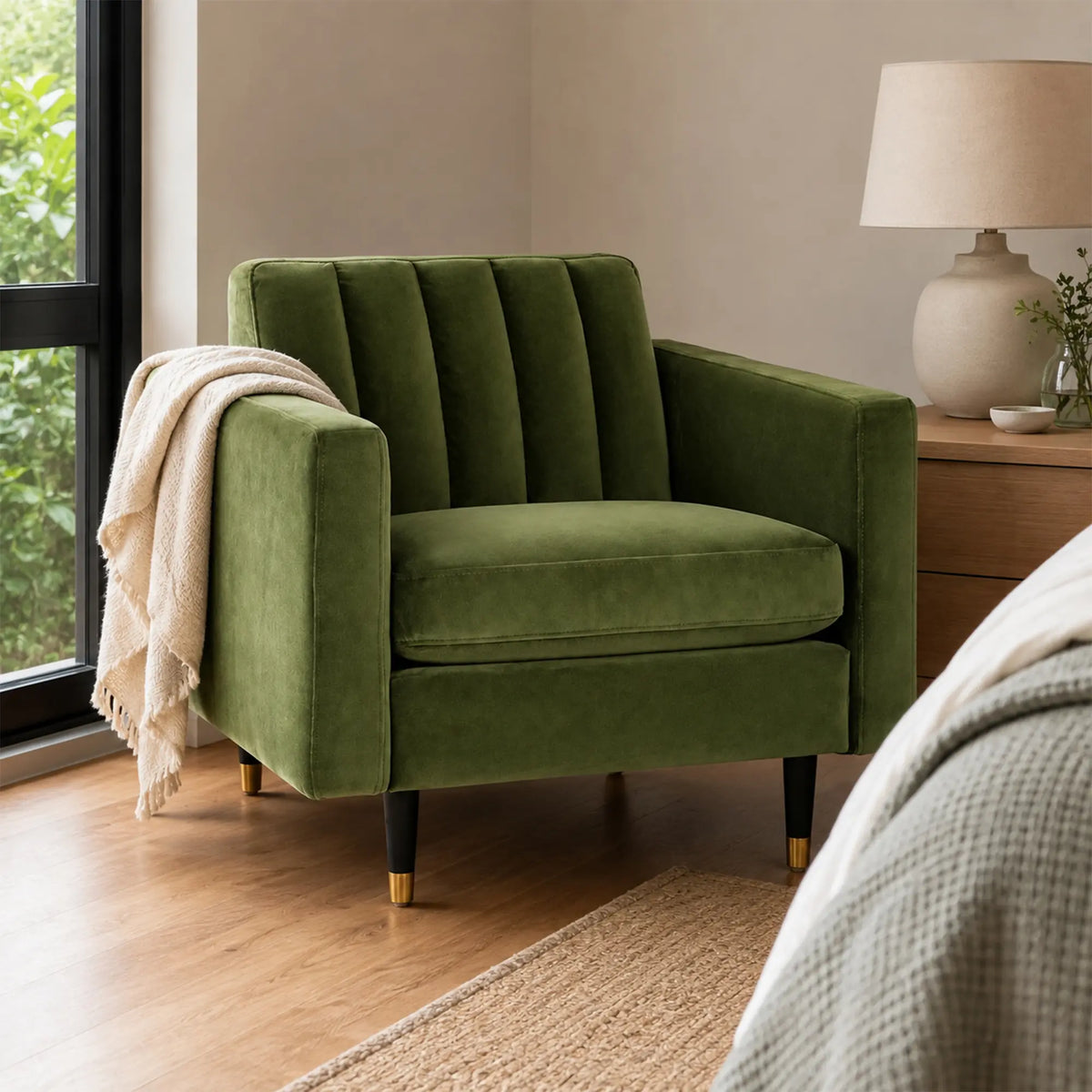 LIVARA 90cm Modern Single Seater Lounge Chair with Soft Velvet Upholstery, High Density Foam, Channel Tufted Backrest & Slim Raised Legs - Olive Green
