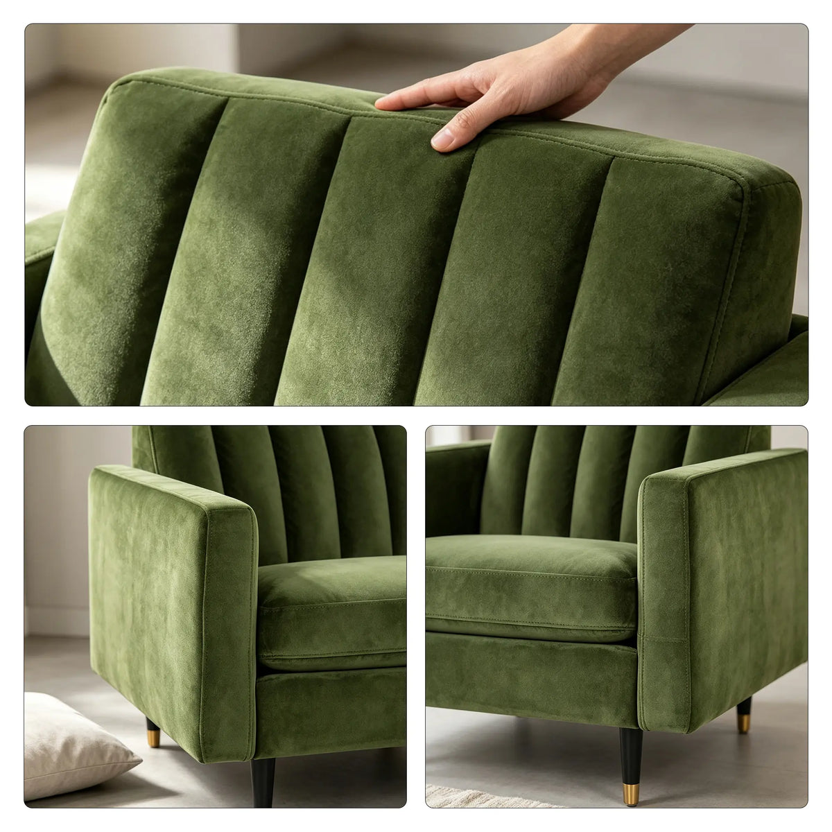 LIVARA 90cm Modern Single Seater Lounge Chair with Soft Velvet Upholstery, High Density Foam, Channel Tufted Backrest & Slim Raised Legs - Olive Green