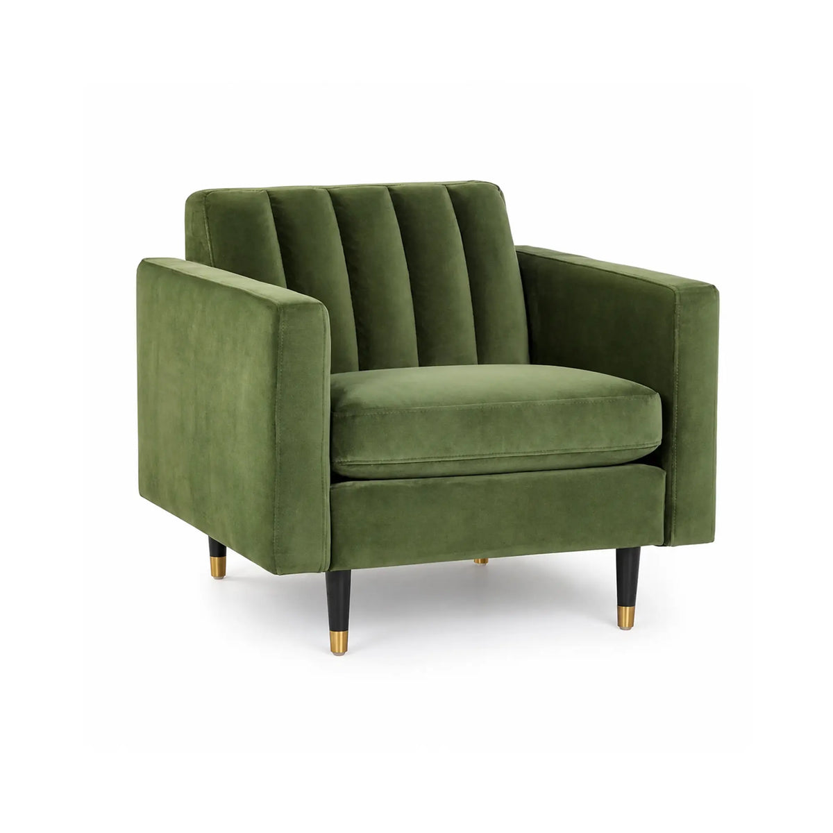 LIVARA 90cm Modern Single Seater Lounge Chair with Soft Velvet Upholstery, High Density Foam, Channel Tufted Backrest & Slim Raised Legs - Olive Green