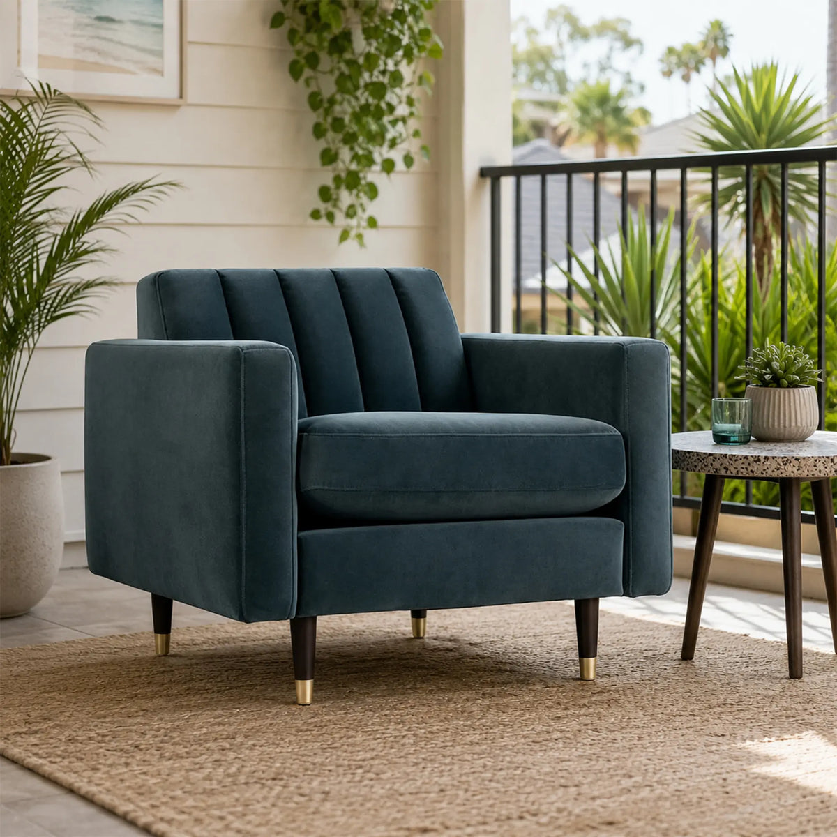 LIVARA 90cm Modern Single Seater Lounge Chair with Soft Velvet Upholstery, High Density Foam, Channel Tufted Backrest & Slim Raised Legs - Black