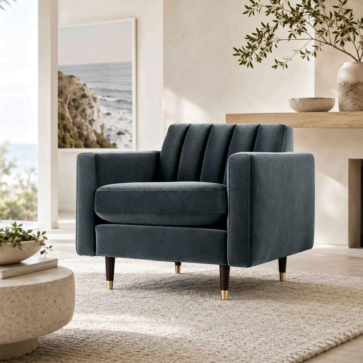 LIVARA 90cm Modern Single Seater Lounge Chair with Soft Velvet Upholstery, High Density Foam, Channel Tufted Backrest & Slim Raised Legs - Black