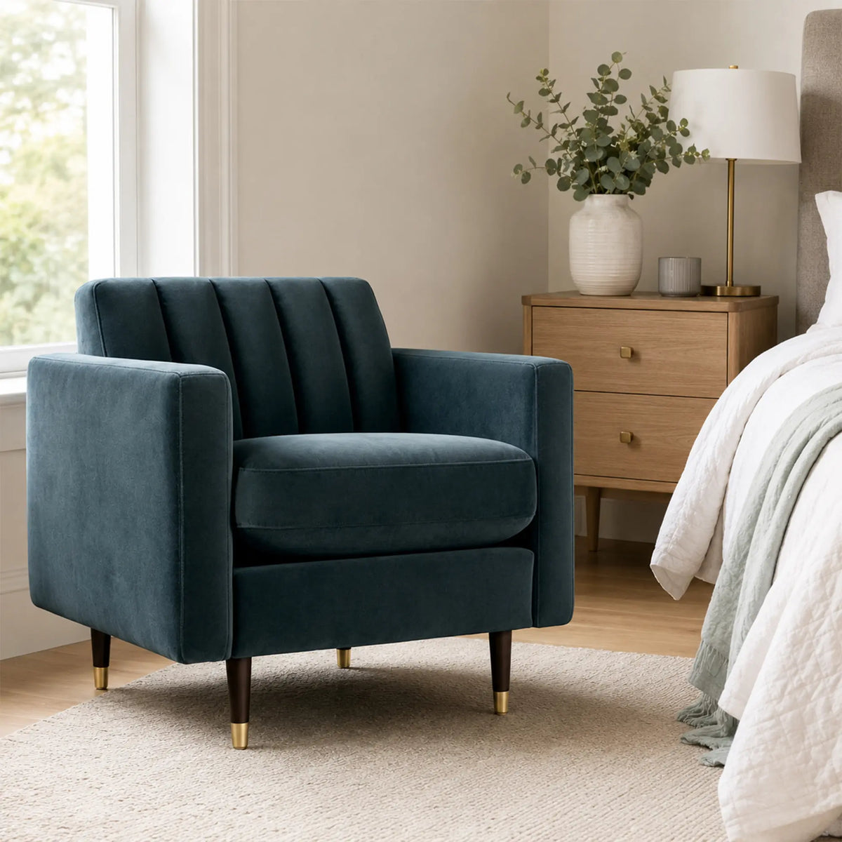 LIVARA 90cm Modern Single Seater Lounge Chair with Soft Velvet Upholstery, High Density Foam, Channel Tufted Backrest & Slim Raised Legs - Black