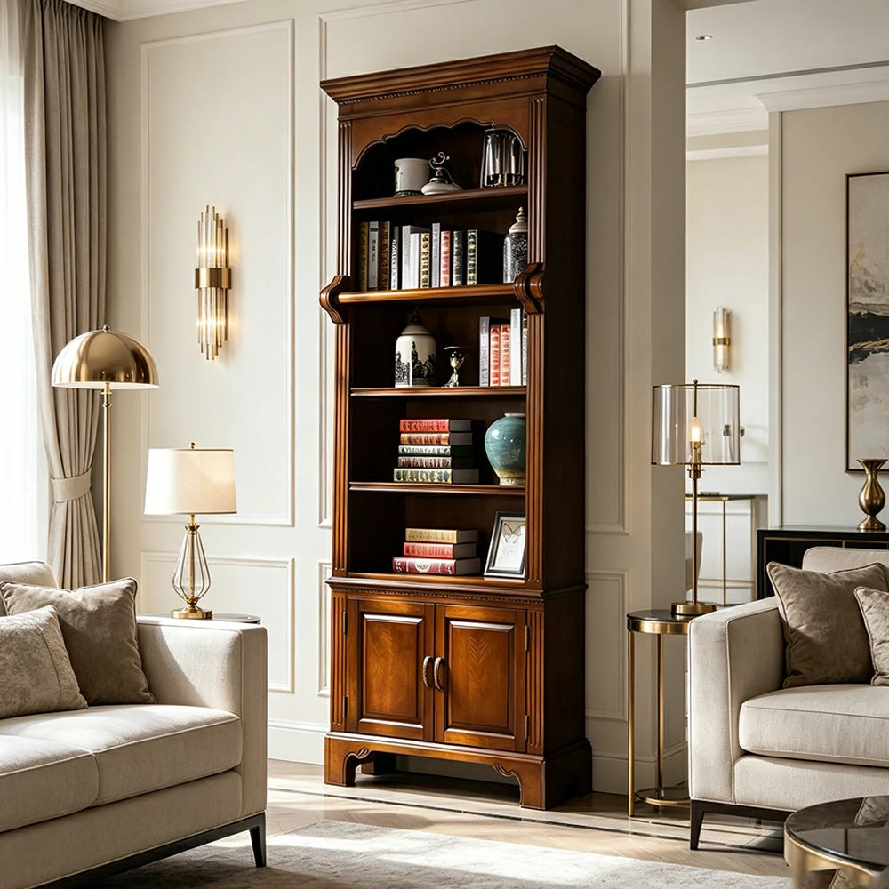 LUXORA Solid Wood Bookcase - Classic Multi-Tier Storage Cabinet with Enclosed Base for Living Room - Walnut