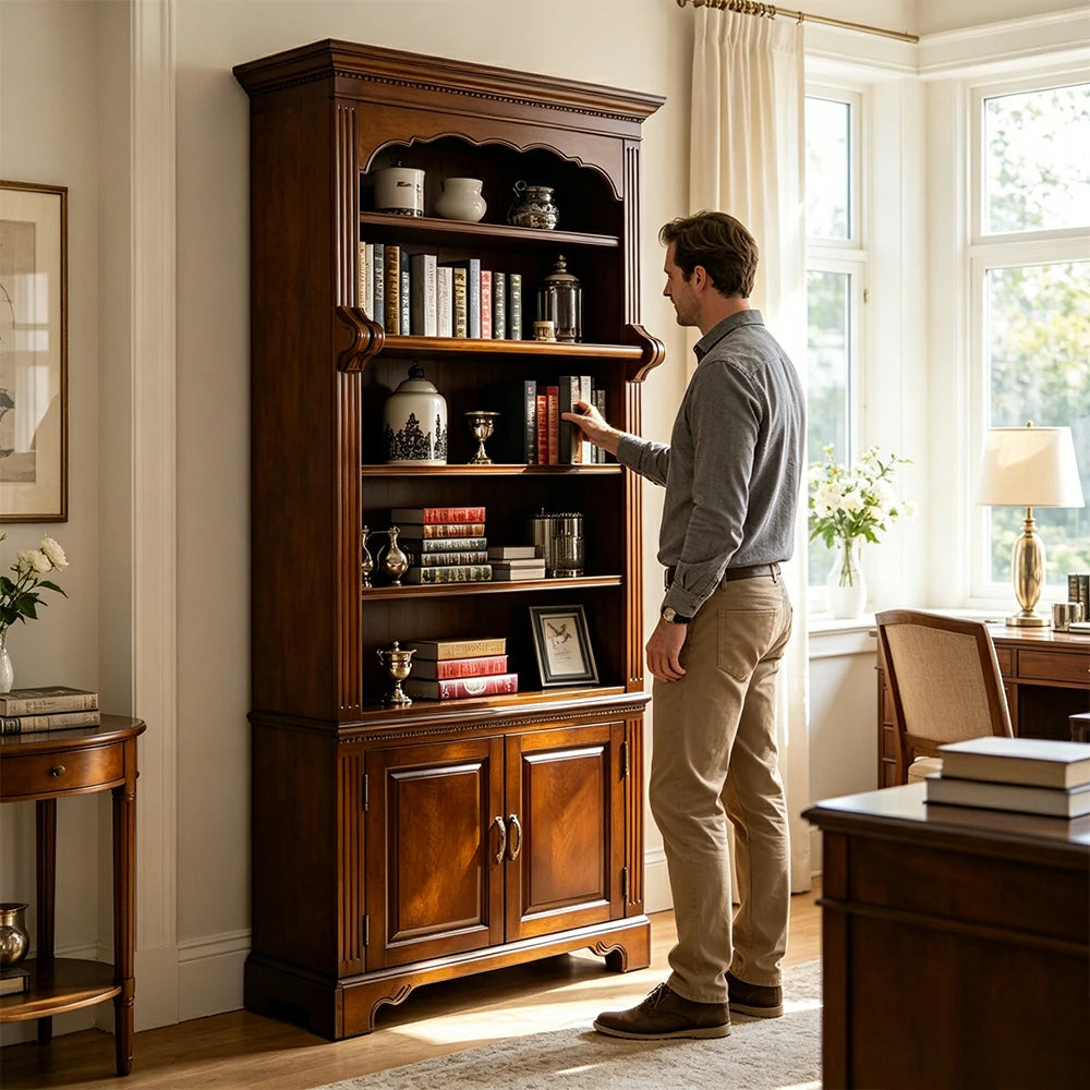 LUXORA Solid Wood Bookcase - Classic Multi-Tier Storage Cabinet with Enclosed Base for Living Room - Walnut