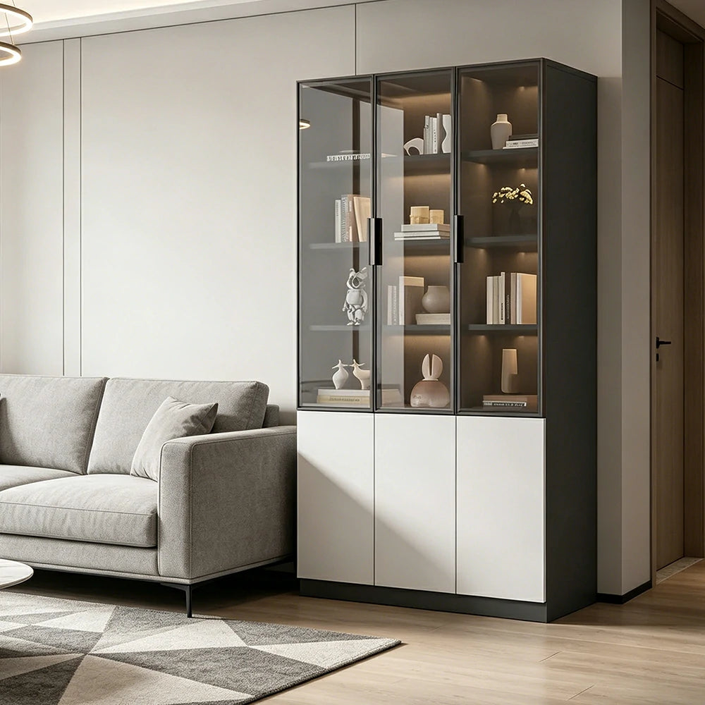 LUXORA Storage Cabinet - Honeycomb Aluminum Frame Glass Door Display Cabinet 90/120cm Living Room Storage - White & Grey