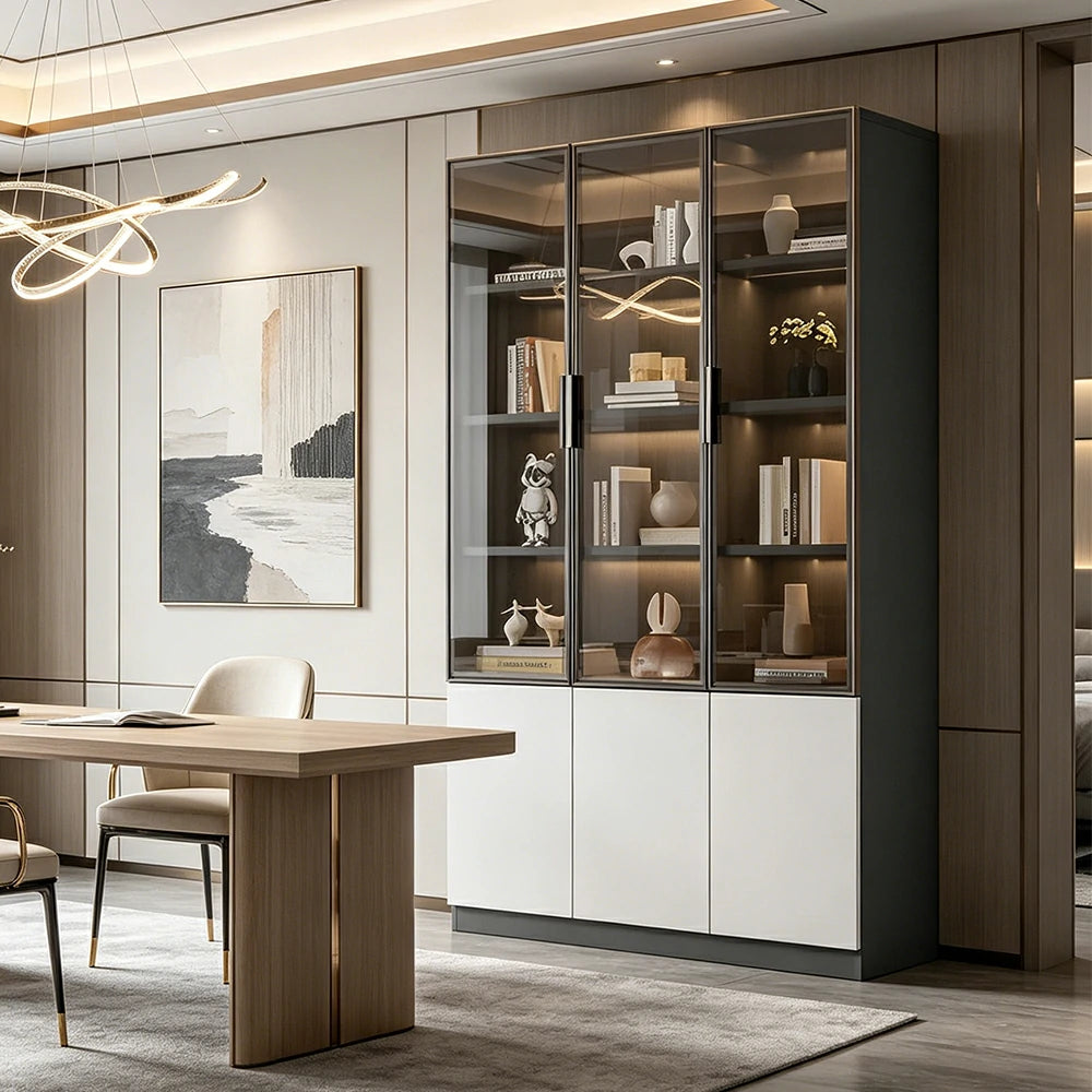 LUXORA Storage Cabinet - Honeycomb Aluminum Frame Glass Door Display Cabinet 90/120cm Living Room Storage - White & Grey