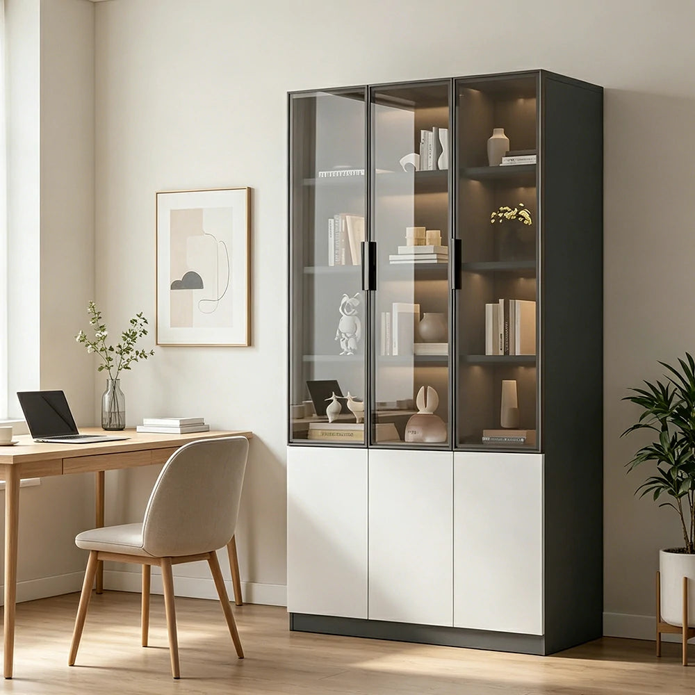 LUXORA Storage Cabinet - Honeycomb Aluminum Frame Glass Door Display Cabinet 90/120cm Living Room Storage - White & Grey