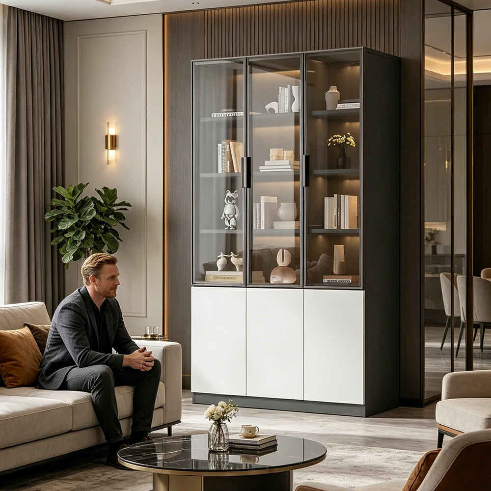 LUXORA Storage Cabinet - Honeycomb Aluminum Frame Glass Door Display Cabinet 90/120cm Living Room Storage - White & Grey