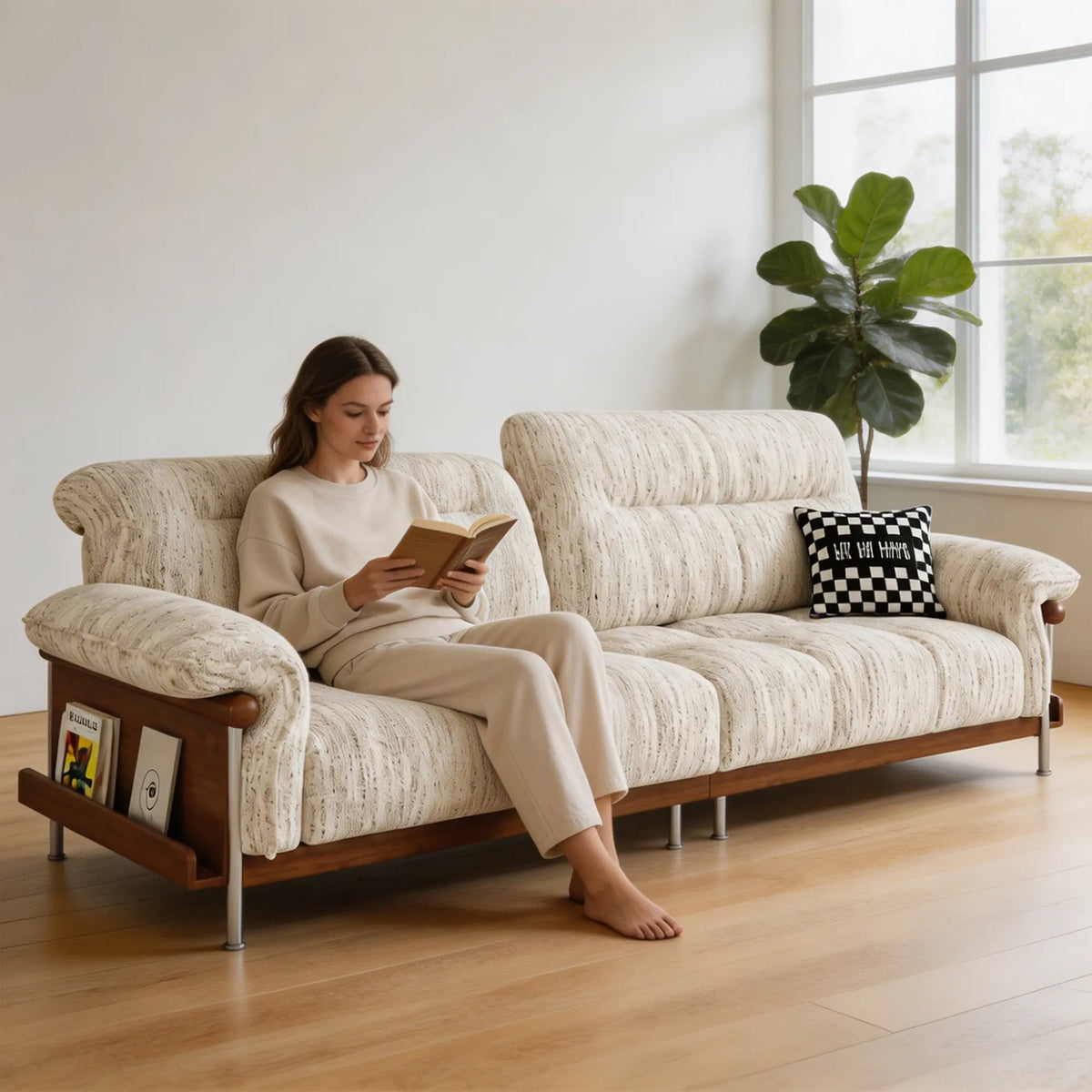 LUXORA 2.5m Sofa 6-Level Adjustable Headrests Rubberwood Frame Side Storage for Living Room Apartment Lounge - Beige