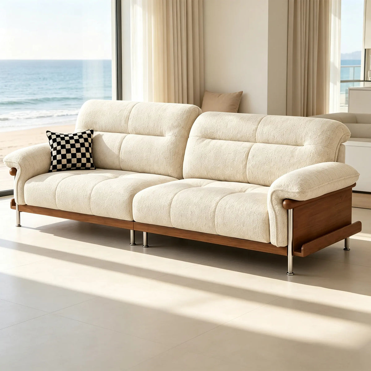LUXORA 2.5m Sofa 6-Level Adjustable Headrests Rubberwood Frame Side Storage for Living Room Apartment Lounge - White