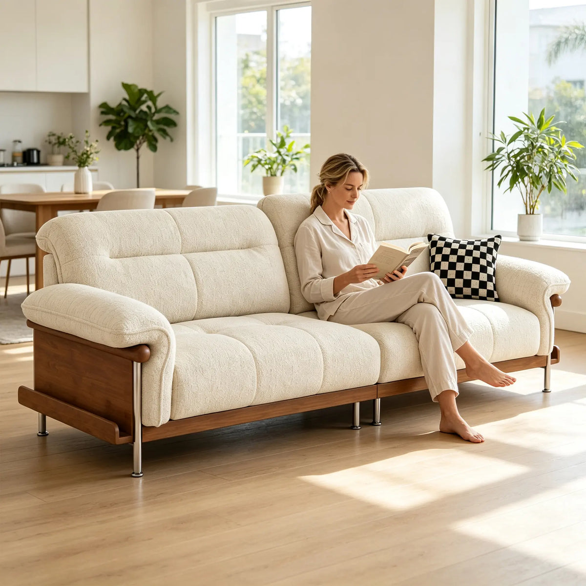 LUXORA 2.5m Sofa 6-Level Adjustable Headrests Rubberwood Frame Side Storage for Living Room Apartment Lounge - White