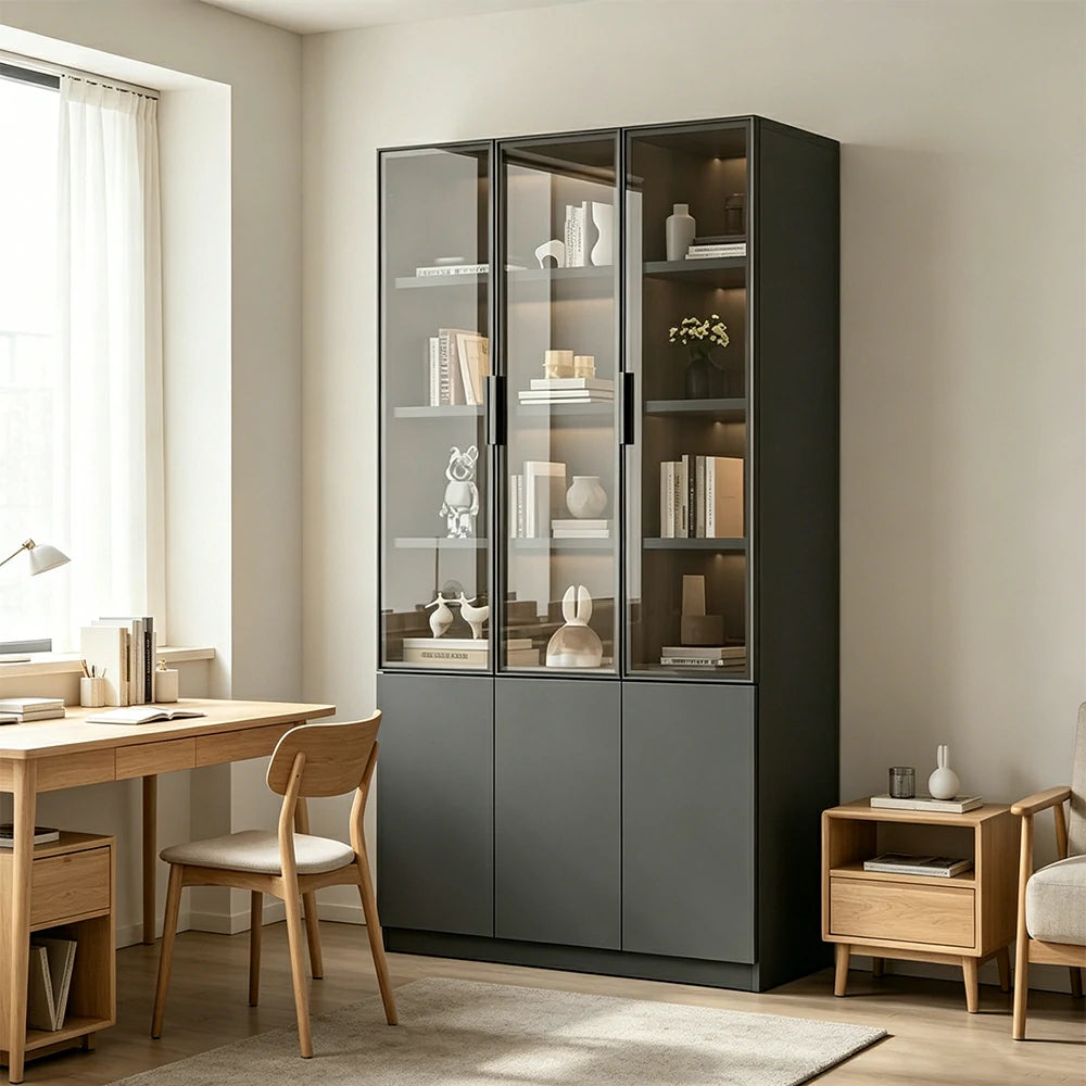 LUXORA Storage Cabinet - Honeycomb Aluminum Frame Glass Door Display Cabinet 90/120cm Living Room Storage - Grey