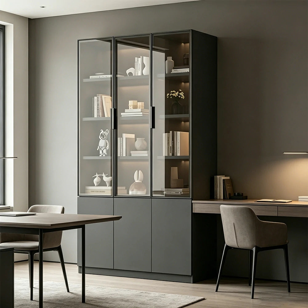 LUXORA Storage Cabinet - Honeycomb Aluminum Frame Glass Door Display Cabinet 90/120cm Living Room Storage - Grey