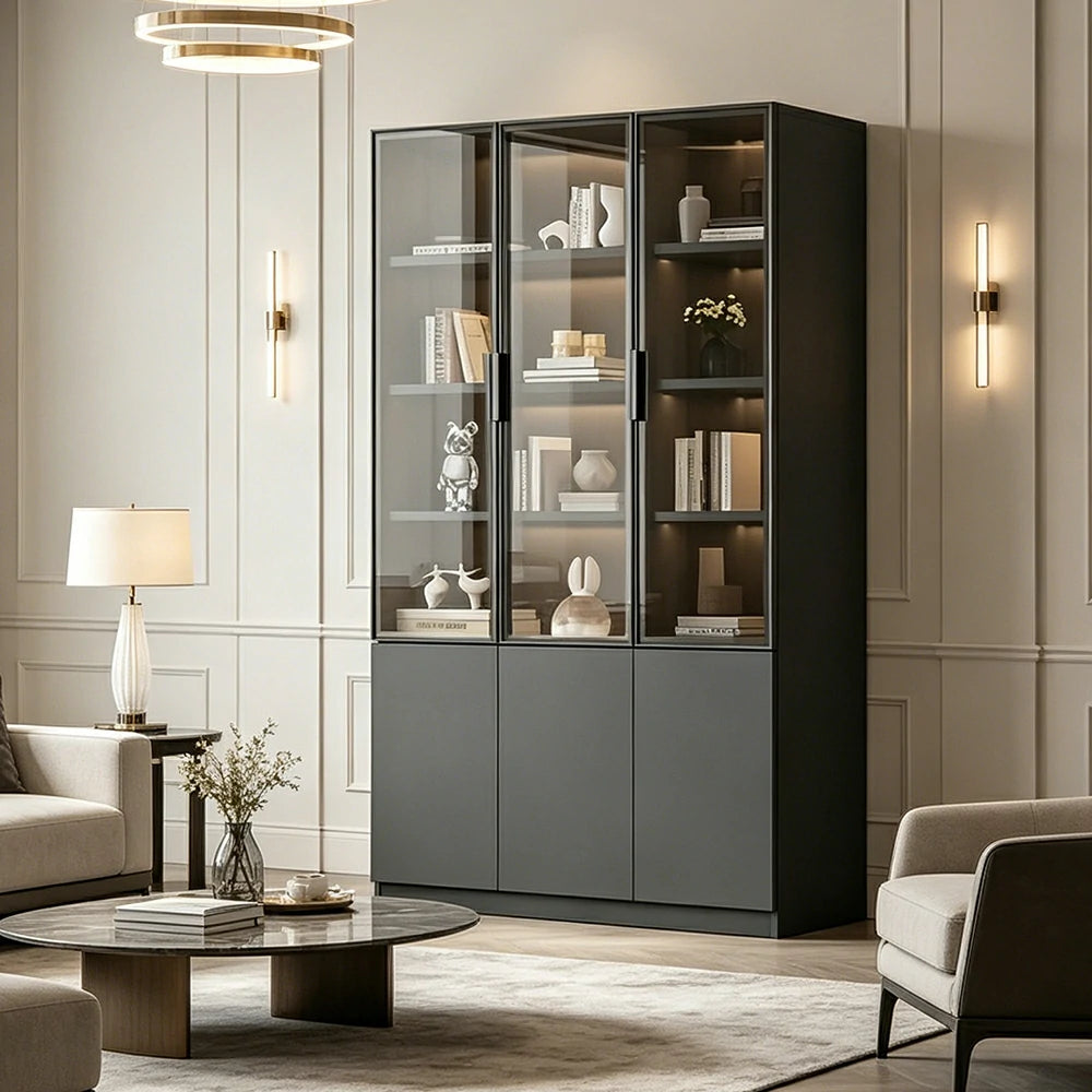 LUXORA Storage Cabinet - Honeycomb Aluminum Frame Glass Door Display Cabinet 90/120cm Living Room Storage - Grey