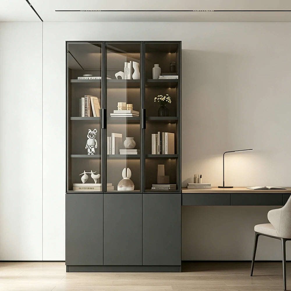LUXORA Storage Cabinet - Honeycomb Aluminum Frame Glass Door Display Cabinet 90/120cm Living Room Storage - Grey