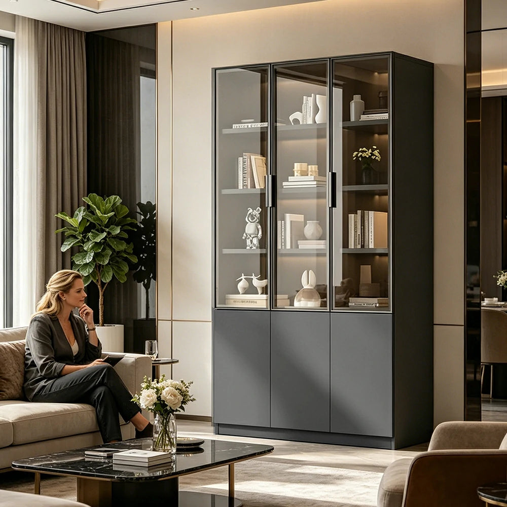 LUXORA Storage Cabinet - Honeycomb Aluminum Frame Glass Door Display Cabinet 90/120cm Living Room Storage - Grey