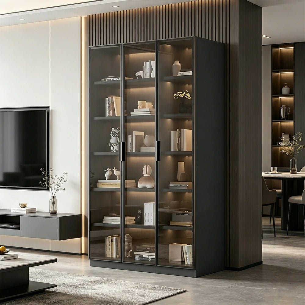 LUXORA Storage Cabinet - Honeycomb Aluminum Frame Full Glass Door Display Cabinet 90/120cm Living Room Storage - Grey