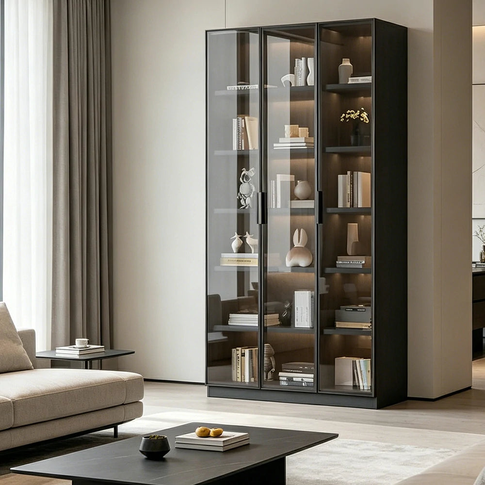 LUXORA Storage Cabinet - Honeycomb Aluminum Frame Full Glass Door Display Cabinet 90/120cm Living Room Storage - Grey