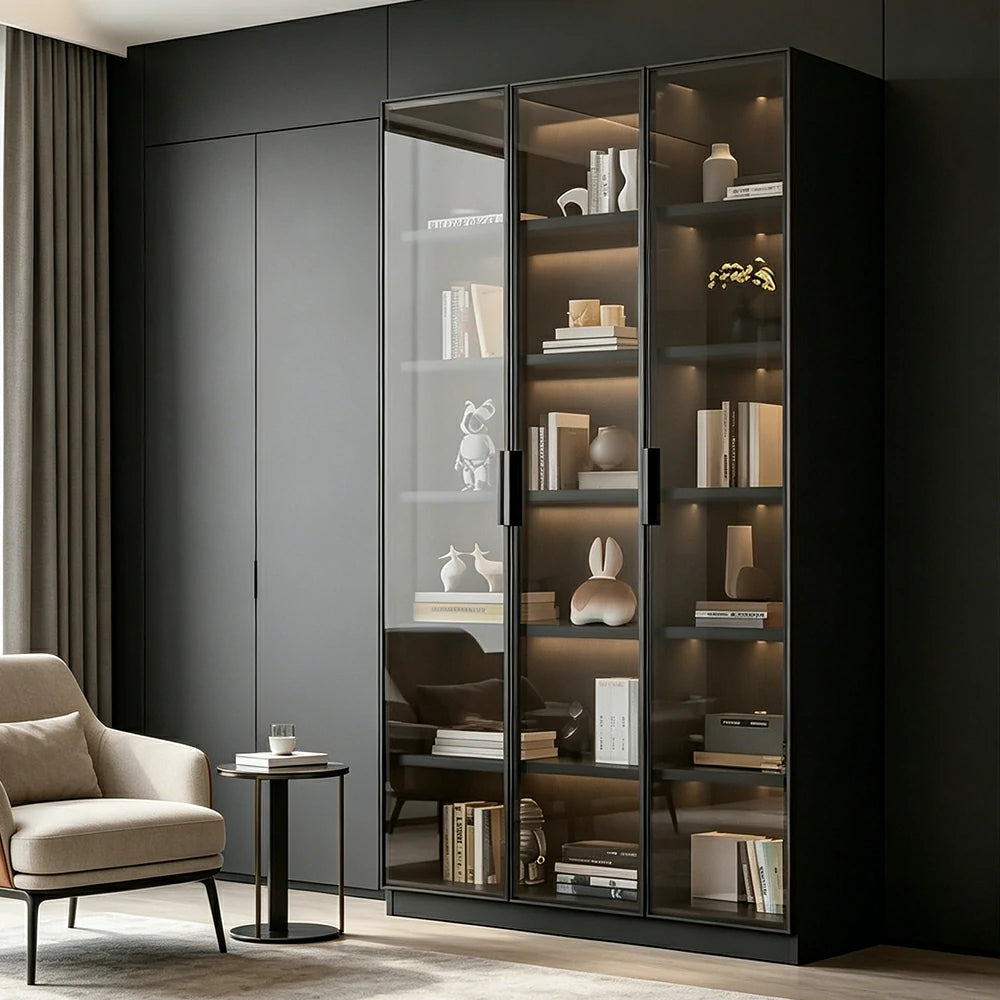 LUXORA Storage Cabinet - Honeycomb Aluminum Frame Full Glass Door Display Cabinet 90/120cm Living Room Storage - Grey