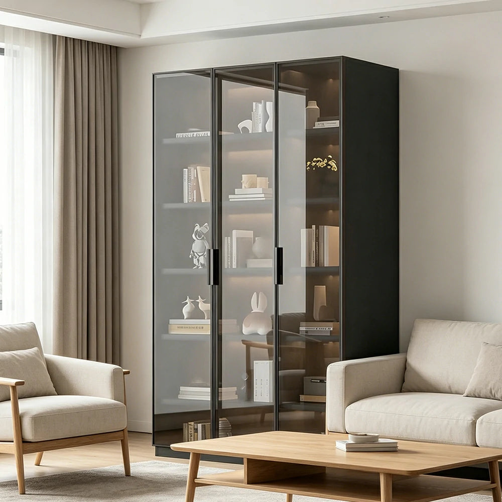 LUXORA Storage Cabinet - Honeycomb Aluminum Frame Full Glass Door Display Cabinet 90/120cm Living Room Storage - Grey