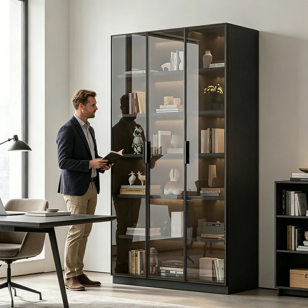 LUXORA Storage Cabinet - Honeycomb Aluminum Frame Full Glass Door Display Cabinet 90/120cm Living Room Storage - Grey
