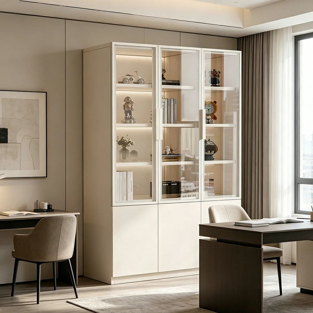 LUXORA Storage Cabinet - Honeycomb Aluminum Frame Glass Door Display Cabinet 90/120cm Living Room Storage - White