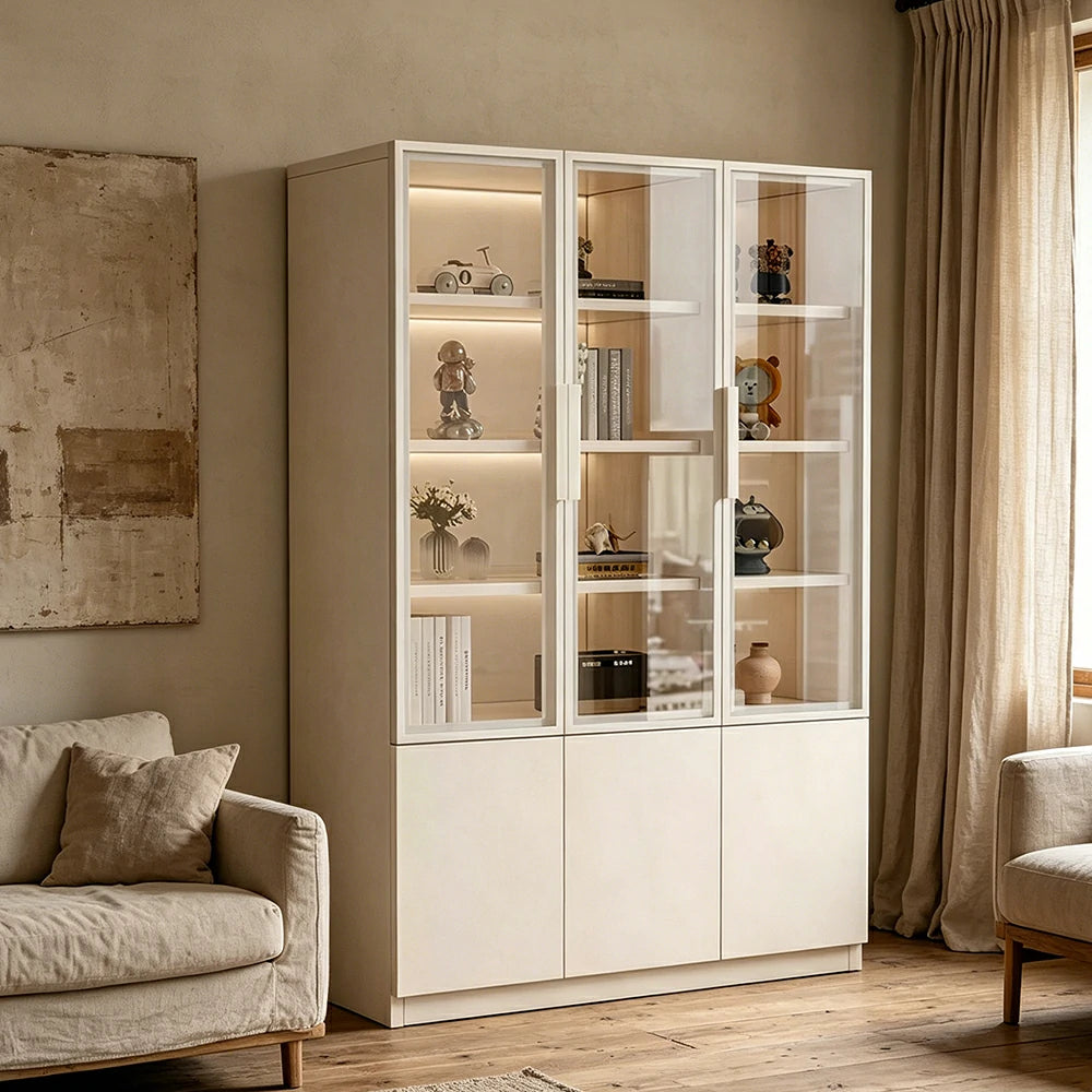 LUXORA Storage Cabinet - Honeycomb Aluminum Frame Glass Door Display Cabinet 90/120cm Living Room Storage - White