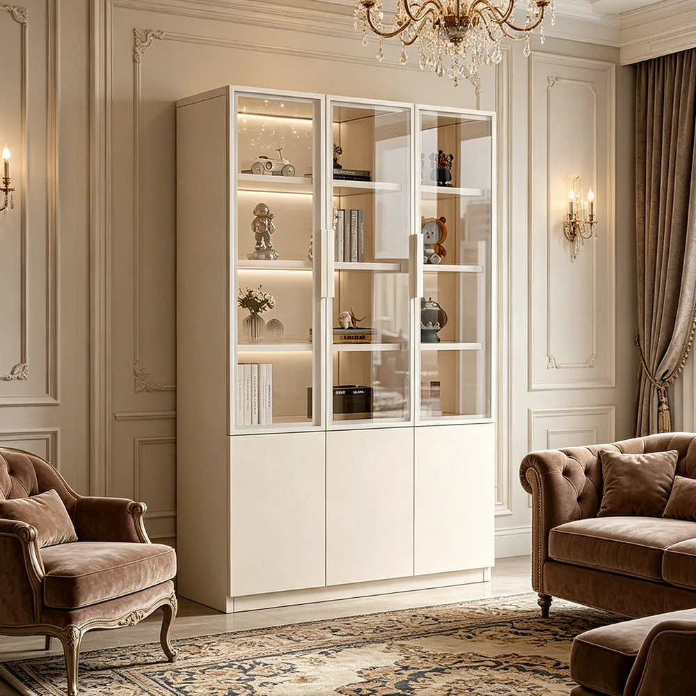 LUXORA Storage Cabinet - Honeycomb Aluminum Frame Glass Door Display Cabinet 90/120cm Living Room Storage - White