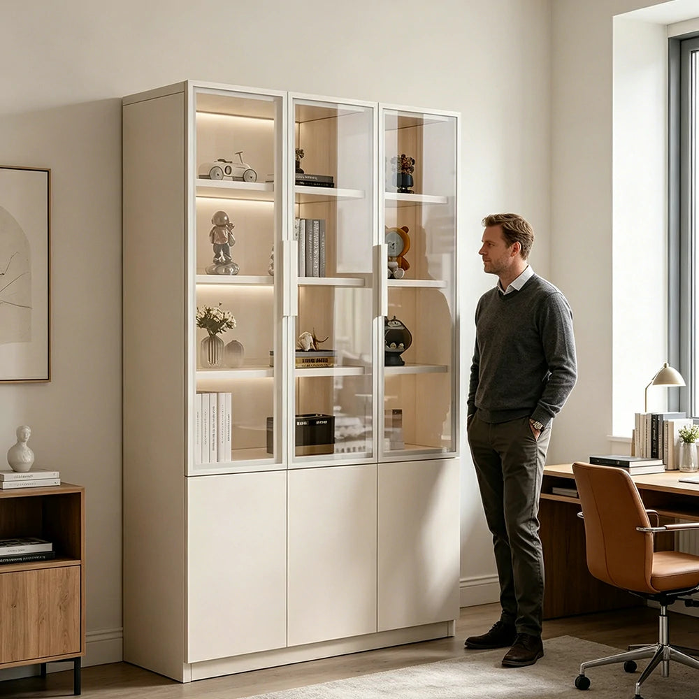 LUXORA Storage Cabinet - Honeycomb Aluminum Frame Glass Door Display Cabinet 90/120cm Living Room Storage - White