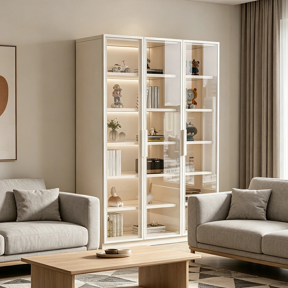 LUXORA Storage Cabinet - Honeycomb Aluminum Frame Full Glass Door Display Cabinet 90/120cm Living Room Storage - White