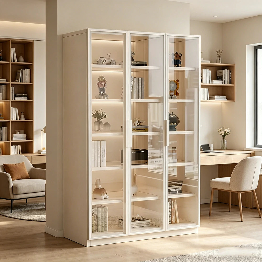 LUXORA Storage Cabinet - Honeycomb Aluminum Frame Full Glass Door Display Cabinet 90/120cm Living Room Storage - White