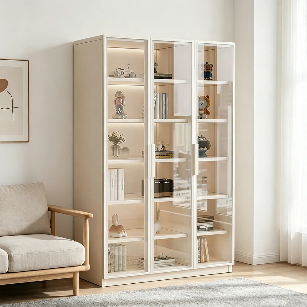 LUXORA Storage Cabinet - Honeycomb Aluminum Frame Full Glass Door Display Cabinet 90/120cm Living Room Storage - White
