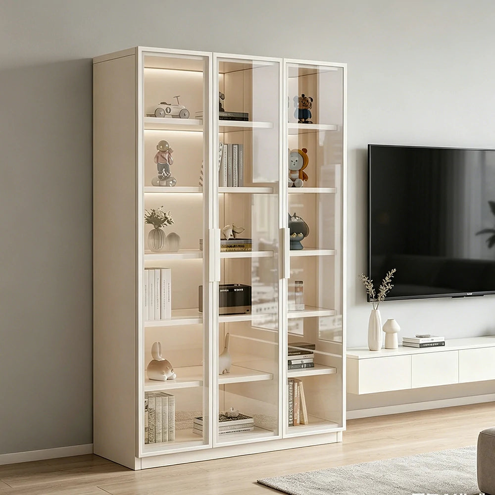 LUXORA Storage Cabinet - Honeycomb Aluminum Frame Full Glass Door Display Cabinet 90/120cm Living Room Storage - White