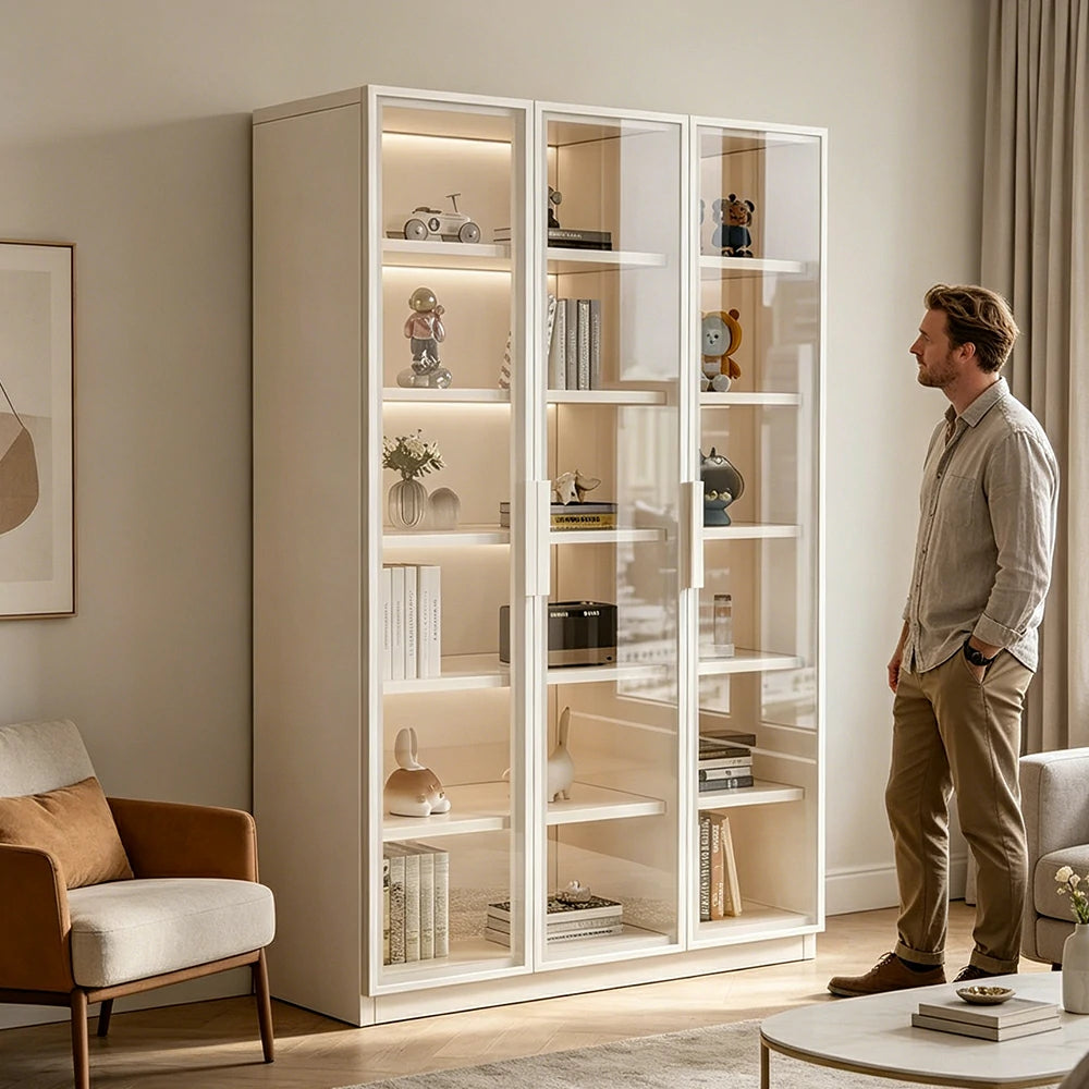 LUXORA Storage Cabinet - Honeycomb Aluminum Frame Full Glass Door Display Cabinet 90/120cm Living Room Storage - White