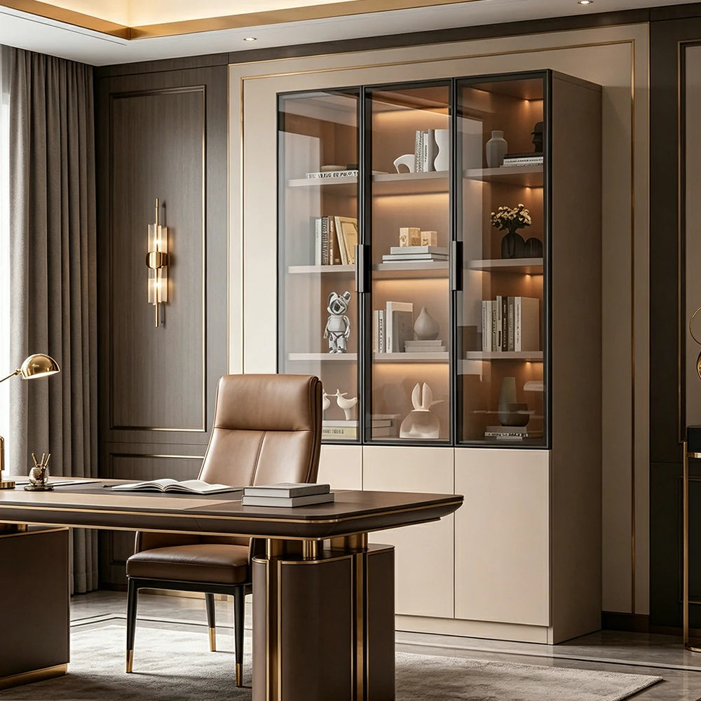 LUXORA Storage Cabinet - Honeycomb Aluminum Frame Glass Door Display Cabinet 90/120cm Living Room Storage - Coffee