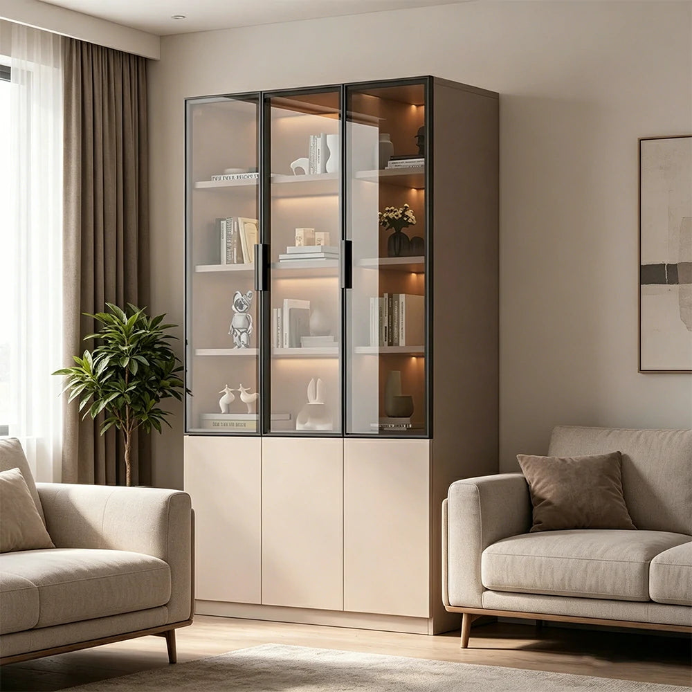 LUXORA Storage Cabinet - Honeycomb Aluminum Frame Glass Door Display Cabinet 90/120cm Living Room Storage - Coffee