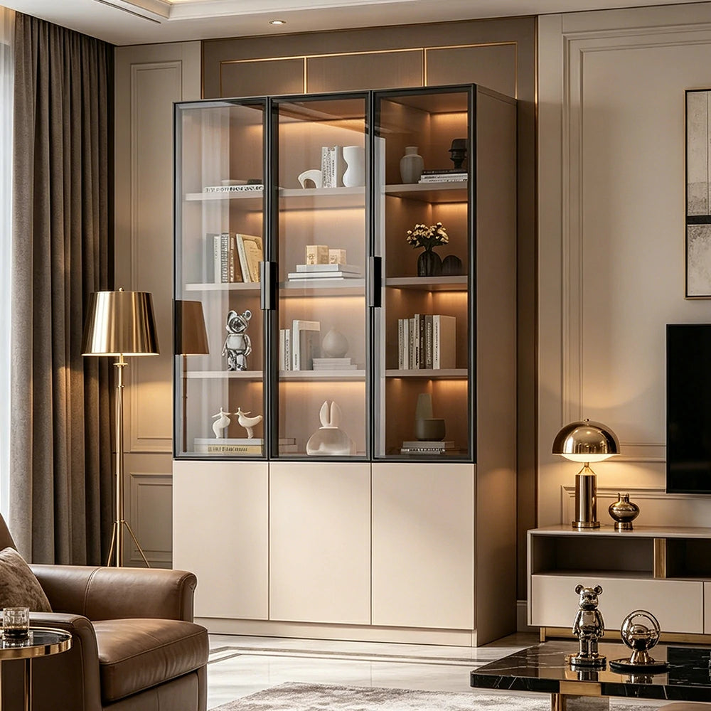 LUXORA Storage Cabinet - Honeycomb Aluminum Frame Glass Door Display Cabinet 90/120cm Living Room Storage - Coffee